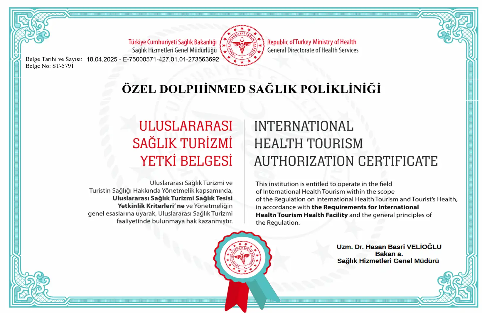 Denizli saç ekimi sağlık turizmi kapsamında DolphinMed Polikliniği T.C. Sağlık Bakanlığı onaylı resmi sağlık turizmi yetki belgesi.